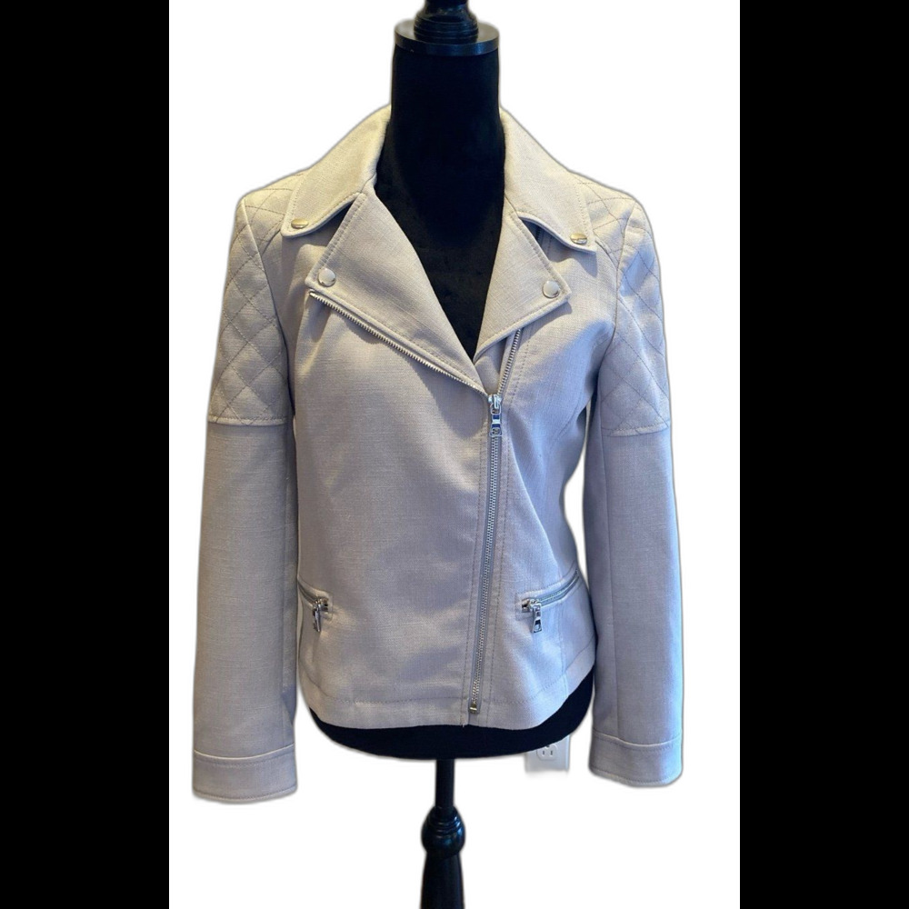 Ann Taylor Motorcycle Jacket Size Small Fitted Gray Moto Coat Quilted Shoulder